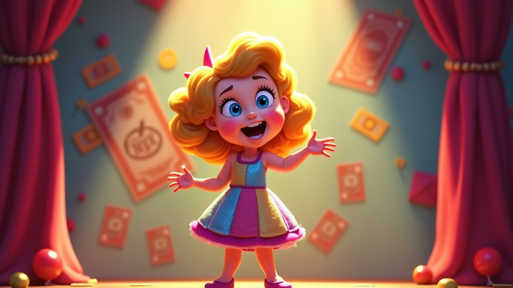 In a festive assembly, a small stage supports the girl in front of a Monopoly-themed backdrop. Her expressive gestures and charismatic attire draw attention as she announces game rules, a spectacle merging dramatics with the logical nuances of Monopoly, sparking enthusiasm for collective play.