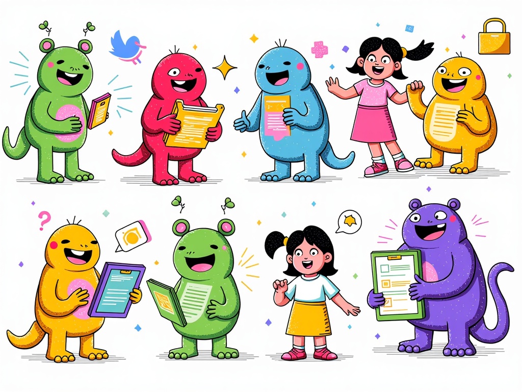 Illustration series depicting 'data guardian' characters helping users navigate and understand privacy settings prompts within a social media app.