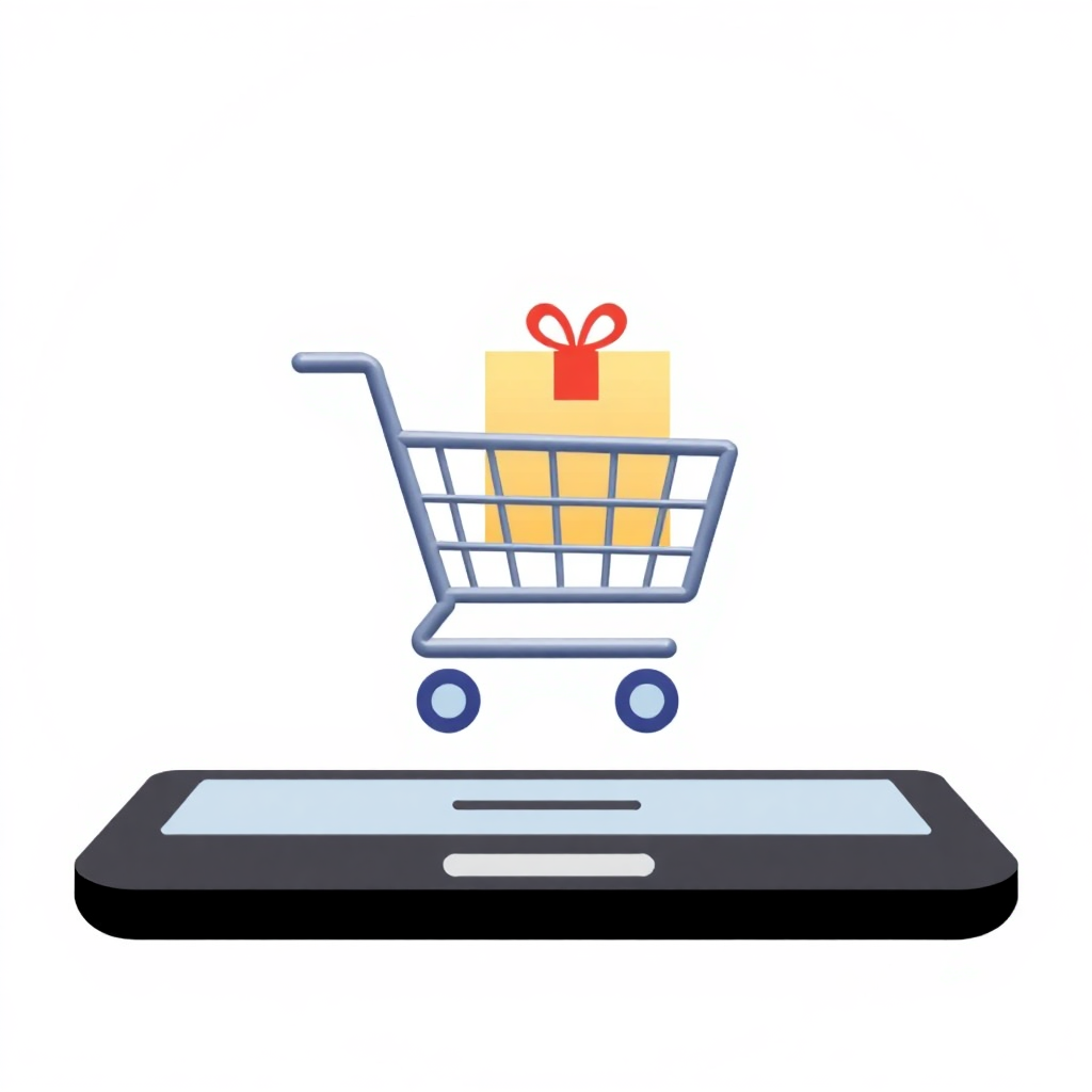 The image is an illustration of a shopping cart with a gift box in it. The shopping cart is in the center of the image and is placed on top of a smartphone. The gift box is yellow with a red ribbon tied in a bow on top. The smartphone is black in color and has a rectangular screen. The background is white.