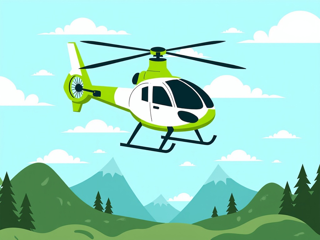 The image is an illustration of a green and white helicopter flying over a mountainous landscape. The helicopter is in the center of the image, with its body facing towards the right side of the frame. It has a pointed nose and two propellers on either side. The body of the helicopter is predominantly green, with a white stripe running along the side. In the background, there are mountains and trees, and the sky is blue with white clouds. The mountains are covered in green grass and there are a few trees scattered throughout the landscape.