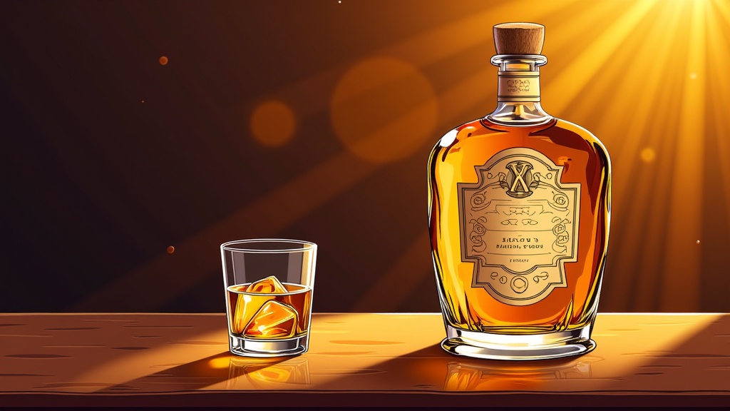 The image is a digital illustration of a bottle of whiskey and a glass of whiskey on a wooden table. The bottle is a large glass with a cork stopper and a label on it. The label has an ornate design with a gold border and a red and gold emblem in the center. The glass is filled with a golden-colored drink and has ice cubes in it. In the background, there is a bright yellow sunburst with rays of light shining down on the table, creating a warm and inviting atmosphere. The overall color scheme of the image is warm and golden, giving it a luxurious feel.