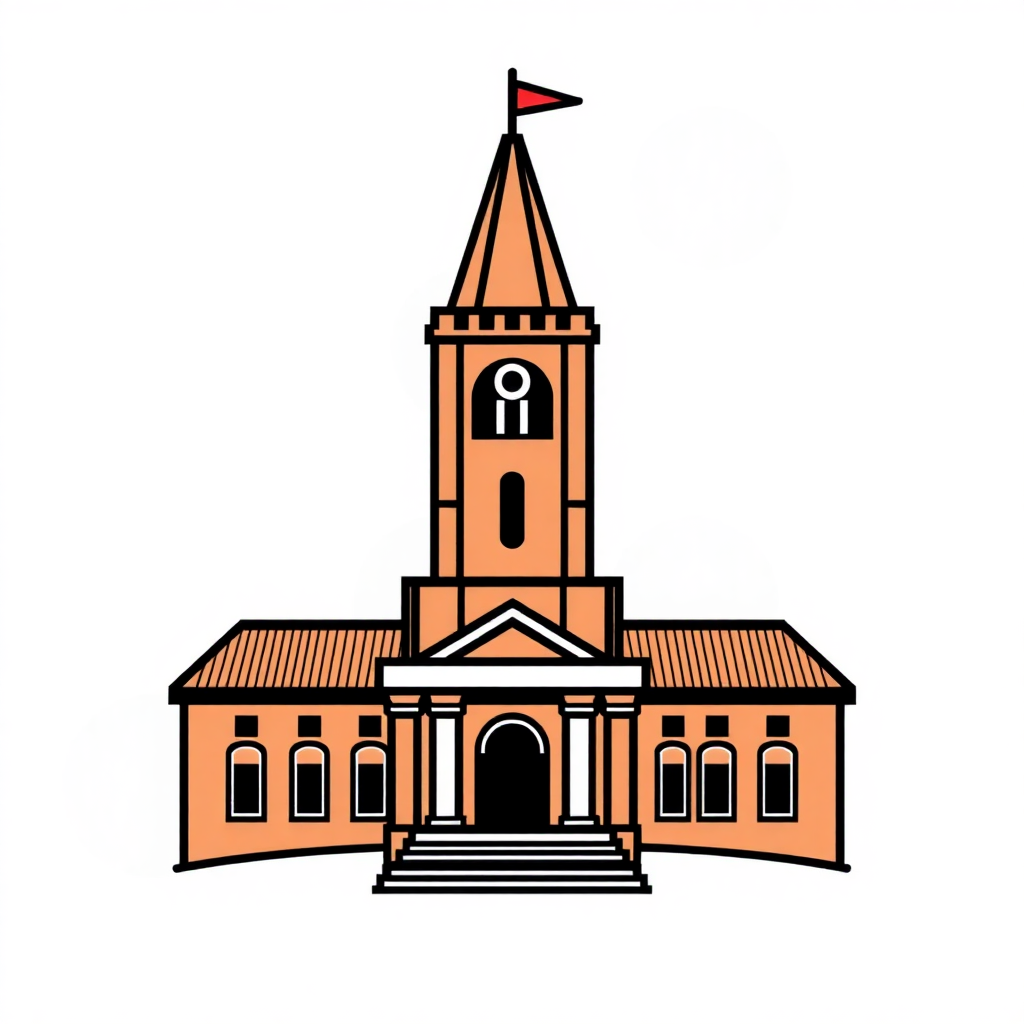 The image is a simple illustration of a church. It is a two-story building with a steeple and a clock tower. The building is made of brick and has a red roof. The clock tower has a small window on the left side and a small door on the right side. Above the clock tower, there is a red flag with a white pole. The entrance of the building has a set of stairs leading up to it. The overall style of the illustration is simple and cartoon-like.