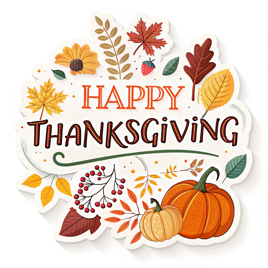 The image shows a poster with a white background featuring a happy Thanksgiving card with pumpkins and leaves. The card is decorated with a variety of autumnal colors, including oranges, yellows, and reds, and the text reads 