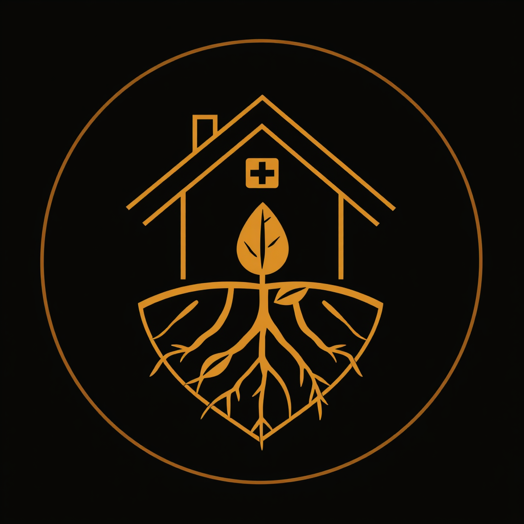 Abstract lines forming a shield or circle, where angular housing lines intertwine with organic root and leaf lines, representing unity, affordable shelter, and natural growth.