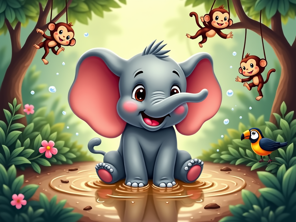 An adorable baby elephant character with oversized ears, playfully splashing in a muddy puddle, surrounded by other cute jungle animals, like monkeys, toucans, and parrots, all rendered in a whimsical, hand-drawn style.