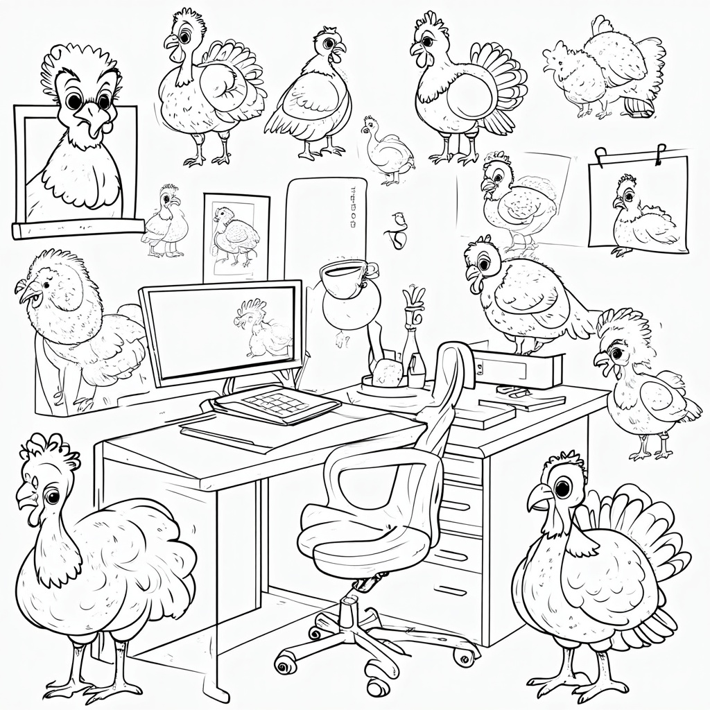 Desk corner cluttered with turkey sketches, each in various poses and expressions.