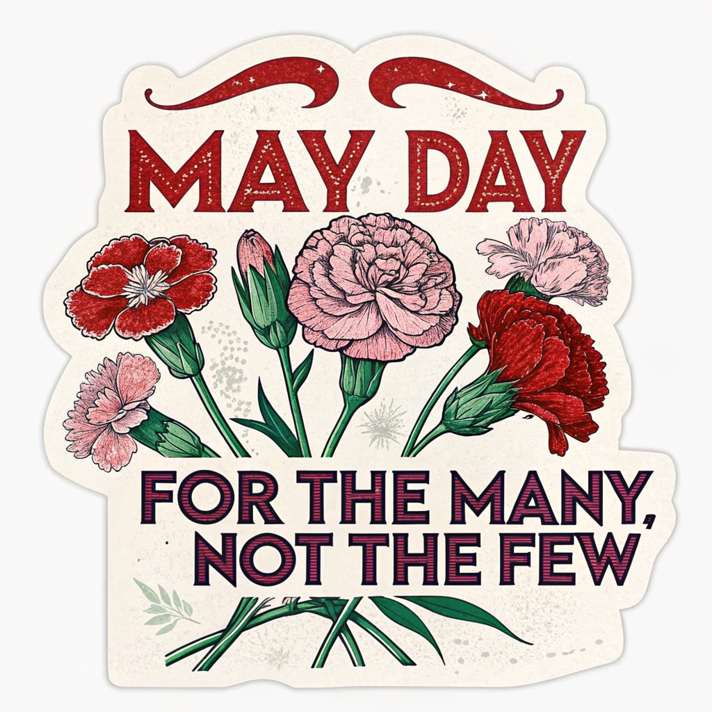 Design Idea 2: A vintage-inspired design reminiscent of early 20th-century labor movement posters, featuring a cluster of blooming carnations (red and pink) with bold, slightly distressed typography. Text example: 'May Day - For The Many, Not The Few'.