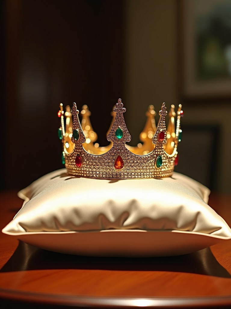 A golden crown adorned with sparkling gemstones sits regally on a satin pillow, symbolizing royalty and elegance.