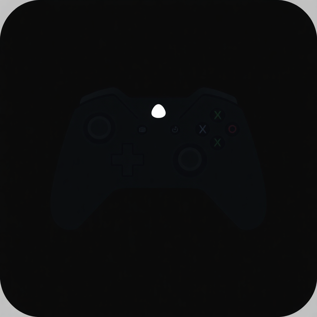 The image is a black square with a white border. In the center of the square, there is a silhouette of a video game controller. The controller has four analog sticks, a directional pad, four action buttons, two shoulder buttons, and two triggers. There is also a small white circle in the center. The overall design is simple and minimalistic.