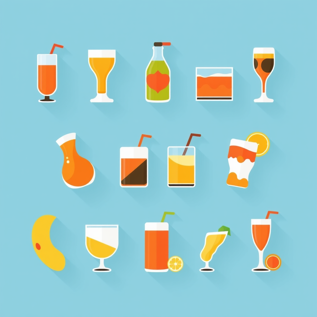 Sub-design idea 5: Design a cohesive flat icon set where each beverage is reduced to its most iconic shape and color, perhaps using a consistent background shape (e.g., circle or rounded square) for unity.