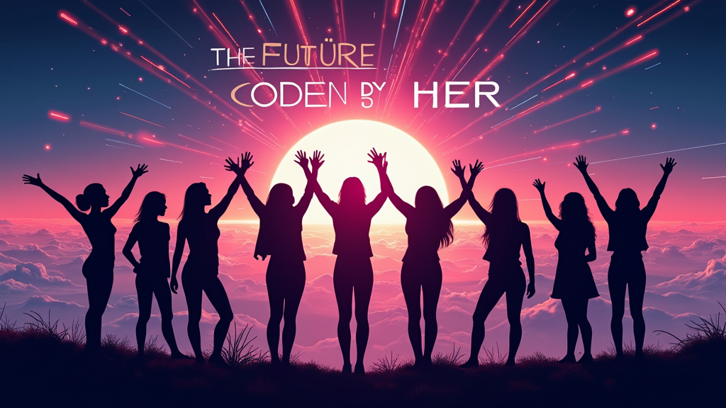 Futuristic Vision: A silhouette of a woman (or diverse group of women) gazing at a stylized, glowing futuristic interface or a digital landscape. Lines of code or light trails could emanate from their hands or the interface. The slogan 'The Future is Coded by Her' is prominently featured, possibly integrated into the horizon or as a bold statement.