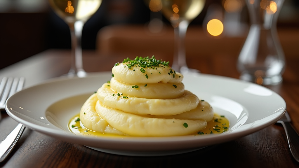 An image of mashed potatoes flavored with truffle oil, carefully plated with gourmet presentation, on a modern dining table.