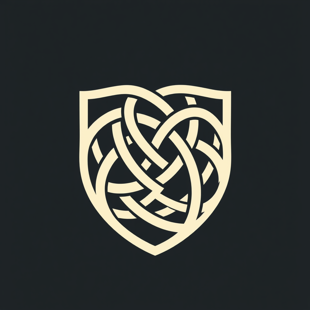 Minimalist glyphs representing interwoven binary code strands (0s and 1s) that create a dense, shield-like or intricate knot pattern.
