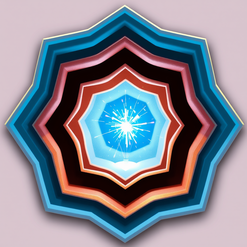 Sub-Design Idea 5: A design that plays with nested shapes or layers, with an inner core 'sparking' and sending light through the outer layers, symbolizing deep learning breakthroughs.