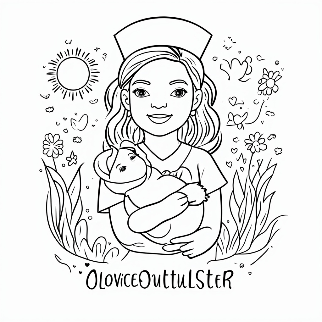 A coloring page showing a diverse nurse (allows for varied coloring of skin tone and hair) holding a newborn baby, with a background filled with symbols of care and new life, such as a rising sun, small blooming flowers, and gentle handprints, alongside the words 'Caring for Our Future'.