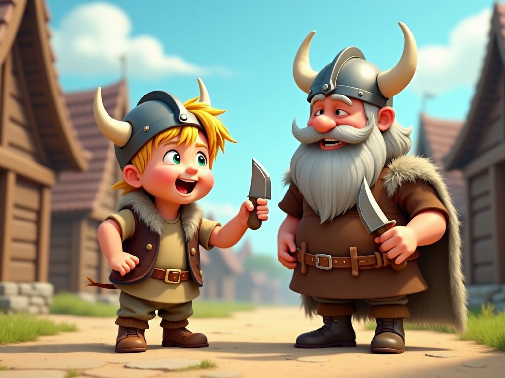 A mischievous Viking kid using a toy wooden sword to playfully harass an elder Viking with an amused expression.