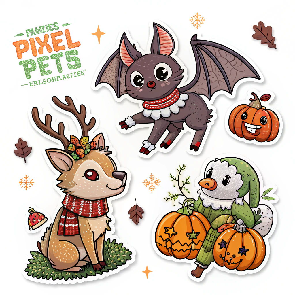 Pixel Pets for different seasons and holidays (e.g., a bat-themed pixel pet for Halloween, a reindeer-themed one for Christmas).