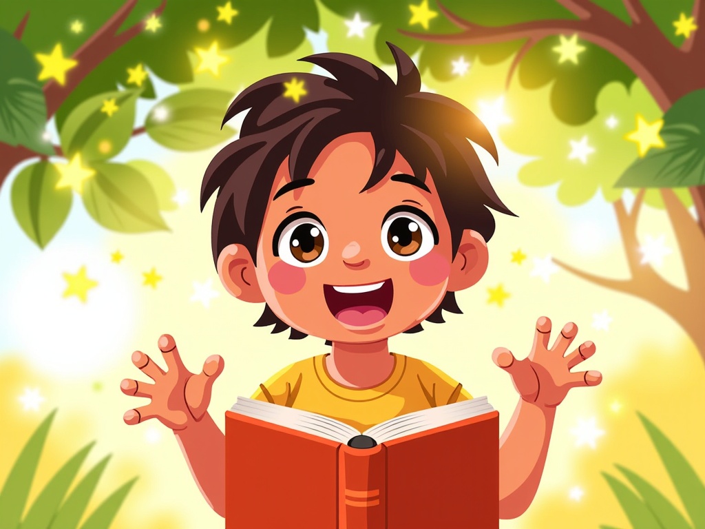 Close-up illustration focusing on a child's expressive face as they passionately recite a poem, hands gesturing for emphasis. The setting could be outdoors under a tree with soft, dappled sunlight creating a warm atmosphere.