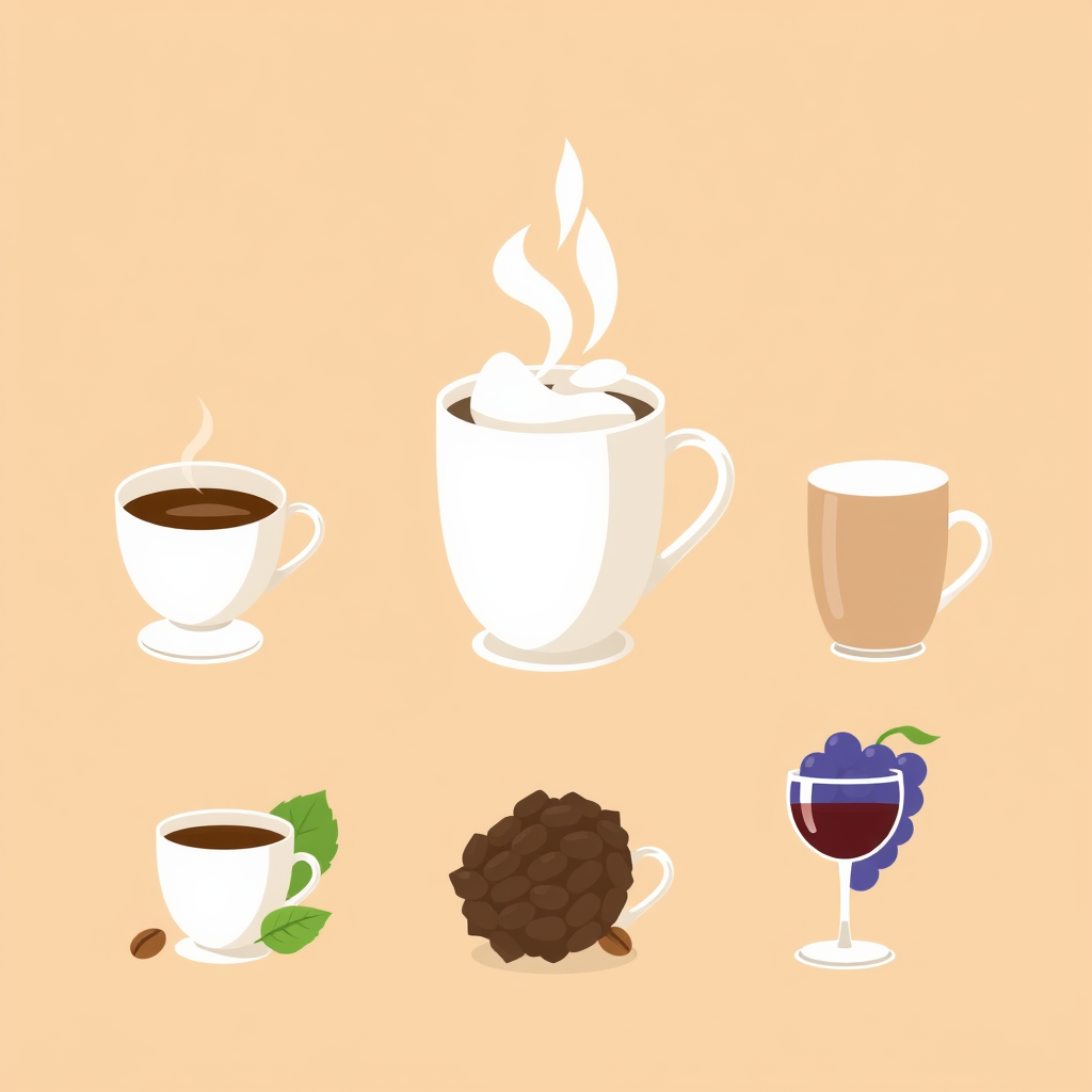 Sub-design idea 3: Icons depicting the core ingredient of various cultural beverages alongside the final drink. For instance, coffee beans next to an espresso, tea leaves beside a teacup, cocoa pods with a hot chocolate mug, or grapes with a wine glass.