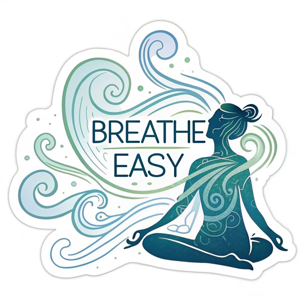 An outline of a person taking a deep, relaxed breath, with abstract air currents swirling around them in soft blues and greens. 'Breathe Easy' integrated into the air currents.