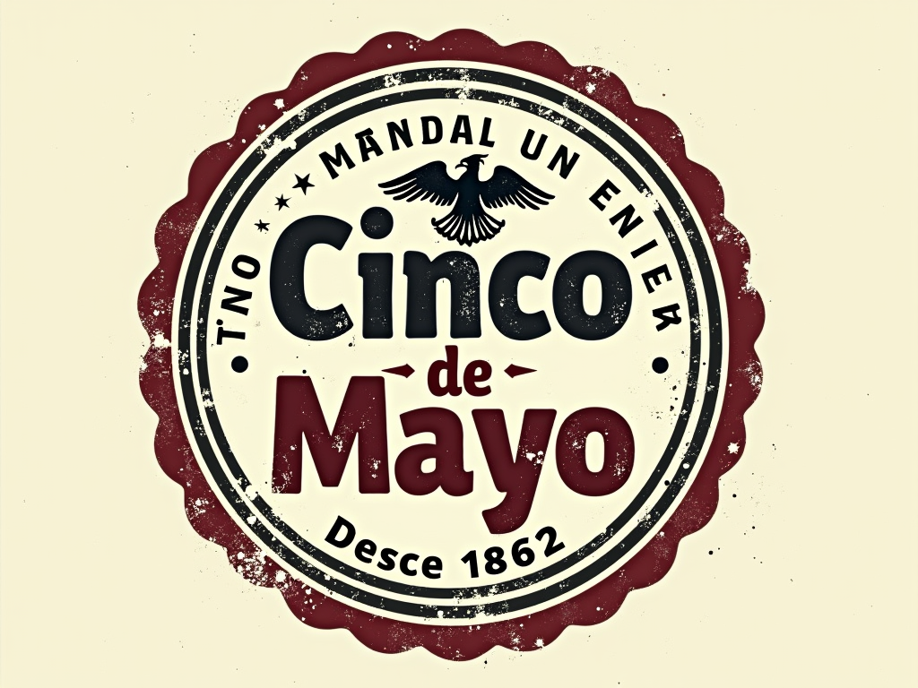 Retro 'Hecho en Mexico' Stamp/Label: Graphic resembling a vintage 'Hecho en Mexico' ink stamp or product label. Features a distressed badge (circular/rectangular), Mexican eagle emblem or similar, and text like 'Cinco de Mayo - Calidad Auténtica - Desde 1862' in a smudged, retro typeface.