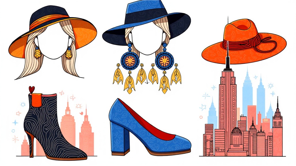 NYFW Accessories Meet Iconic NYC: Illustrations juxtaposing intricately detailed NYFW accessories (e.g., dramatic hats, statement earrings, unique footwear) against stylized or abstracted backdrops of New York City landmarks, highlighting the accessory's detail and texture.