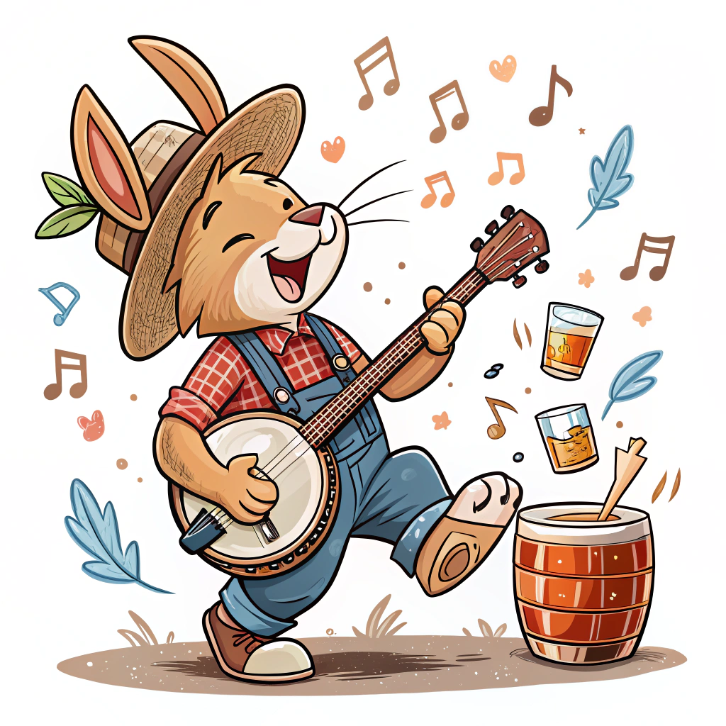 A playful design showcasing a cartoon character enjoying a glass of bourbon while strumming a banjo, surrounded by dancing bluegrass.