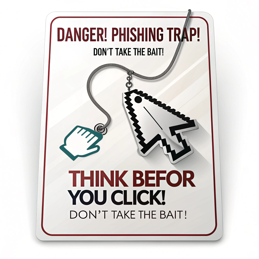 Digital Click Trap Warning: A computer mouse cursor hesitating before a button or link designed as a visual trap (e.g., a pixelated mouse trap with a hook, or a link morphing into a subtle snare). Text: 'Danger! Phishing Trap! Don't Take the Bait!' or 'Think Before You Click! Don't Take the Bait!'.