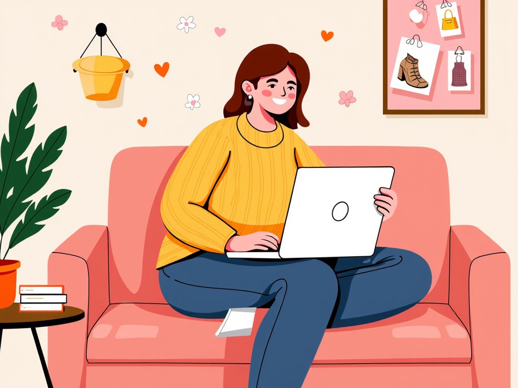  a young woman sitting on a pink armchair in a living room. She is wearing a yellow sweater and blue jeans and is holding a laptop in her lap. She has a smile on her face and appears to be working on her laptop. On the wall behind her, there is a framed picture of a pair of shoes and a potted plant. There are also several small hearts and flowers scattered around the room. The overall style of the illustration is cartoon-like and the overall color scheme is bright and cheerful.