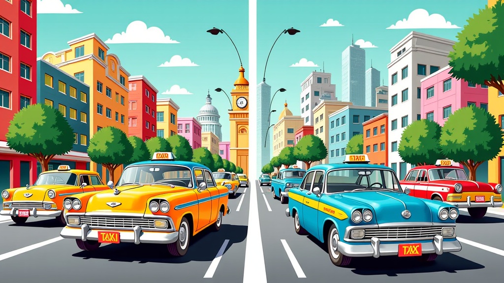 A split-screen illustration: one side features a vintage cityscape with classic, manually hailed taxis, while the other depicts a futuristic, clean city with sleek, autonomous robotaxis and smart infrastructure, visually narrating the timeline of change.