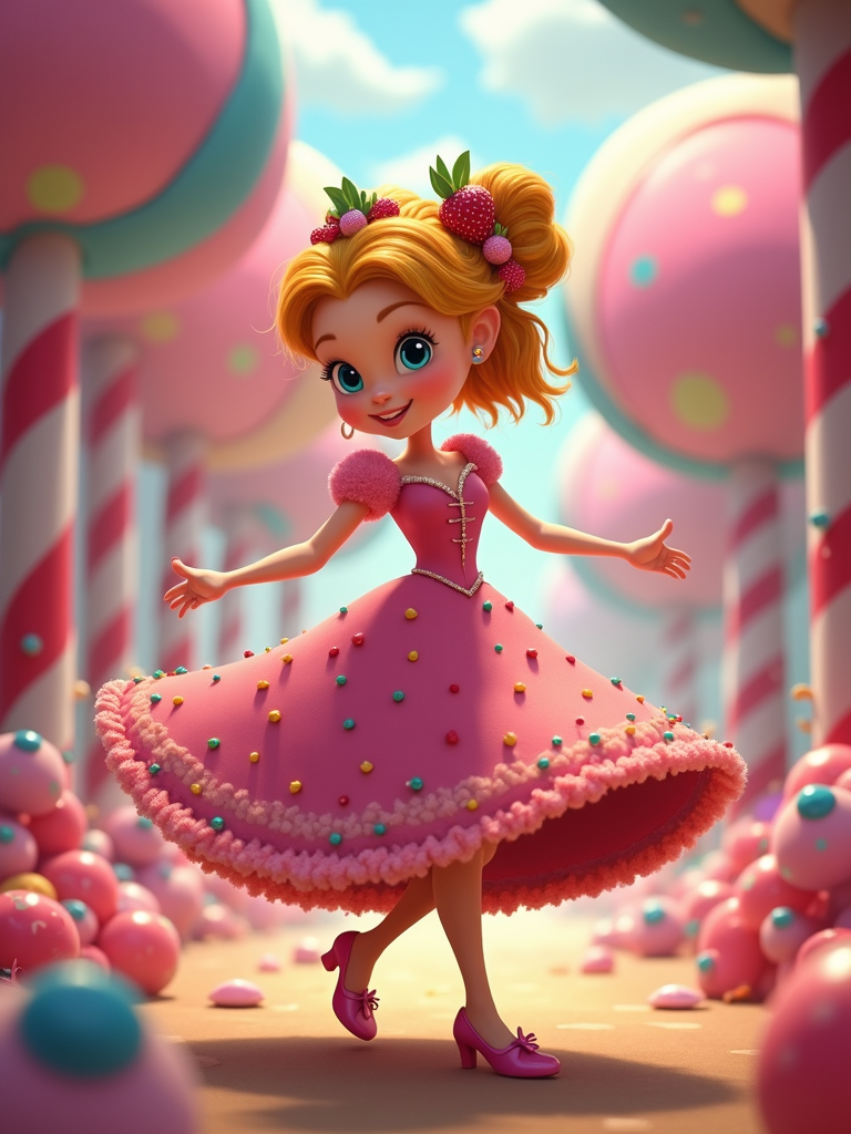 A princess with a crown of candied fruit, her hair styled like spun sugar, wearing a gown adorned with sprinkles.