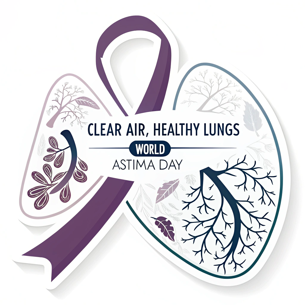 Sub-design 4: A sticker where the asthma awareness ribbon dynamically flows to form a subtle lung shape. The slogan 'Clear Air, Healthy Lungs' is integrated within the design, along with 'World Asthma Day'.