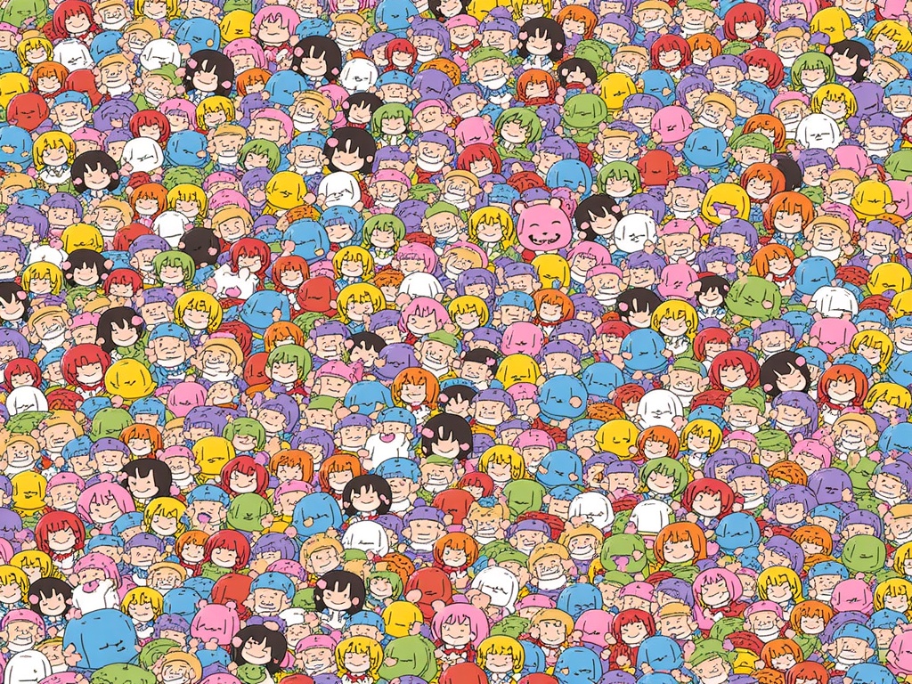 Interactive 'Spot the Chibi' Poster: A busy, detailed illustration packed with hundreds of unique chibi characters and kawaii items. The design could be used for a promotional poster that also serves as a 'Where's Waldo?' style game, emphasizing the 'overload' through density and interactive fun.