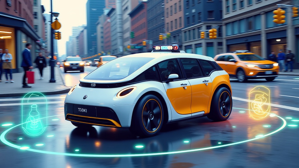 Panoramic Sensor Shield: Illustrate a robotaxi with visible sensor fields (light beams/energy shield) showing 360-degree awareness, highlighting detected hazards like pedestrians and vehicles to emphasize predictive safety.