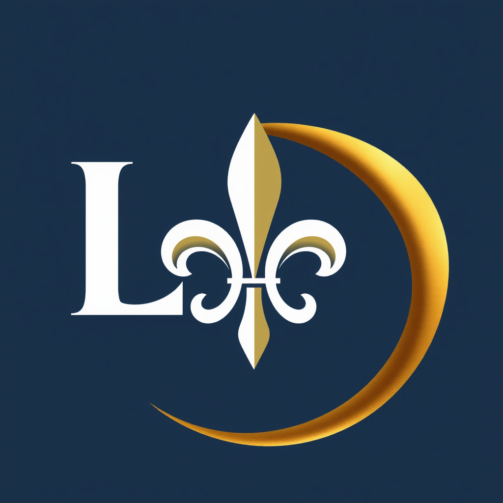 A bold 'LIX' where the 'X' subtly forms the points of a fleur-de-lis, all encompassed or accented by a sweeping metallic gold crescent.