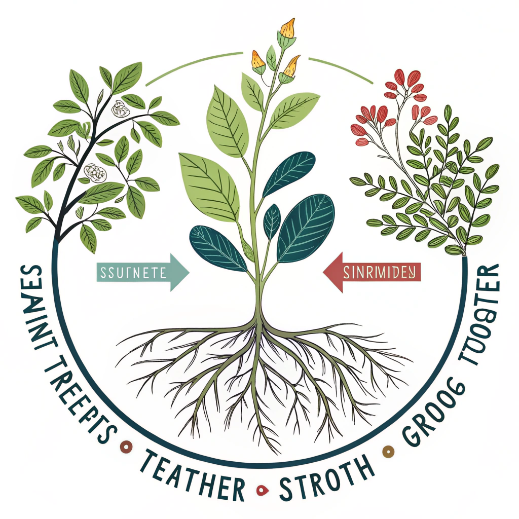 Connected Growth Circle: A circular design showing a stylized root system at the bottom, transitioning upwards into diverse plant forms (representing students and teachers) growing together, their leaves/branches subtly connecting to form a unified circle. This emphasizes 'Together' and mutual growth from a strong foundation.