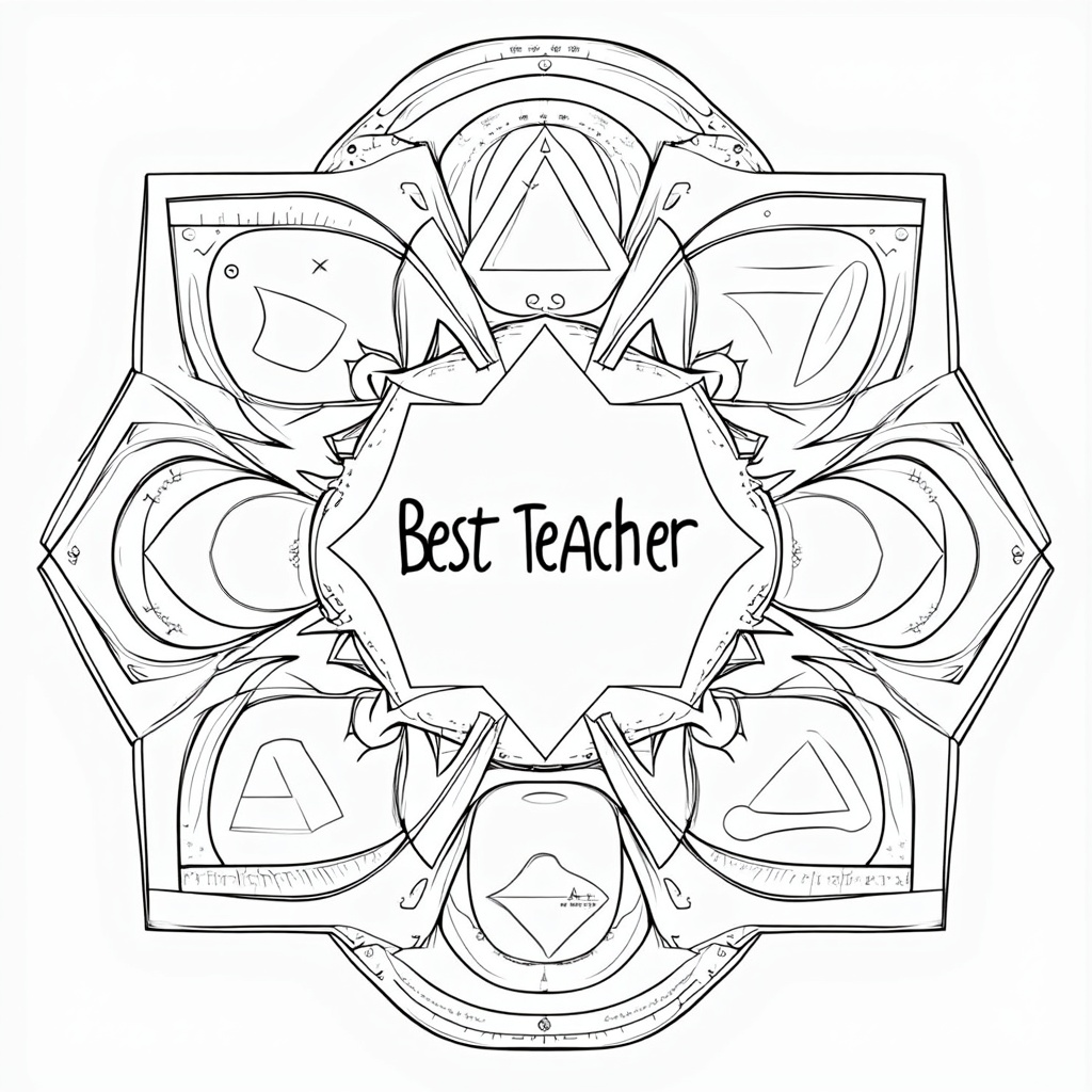 A geometric mandala heavily focused on the shapes of school supplies. For instance, triangular rulers creating star patterns, circular protractors forming rings, and hexagonal pencils interlocking, with a bold 'Best Teacher' or 'A+' in the very center.