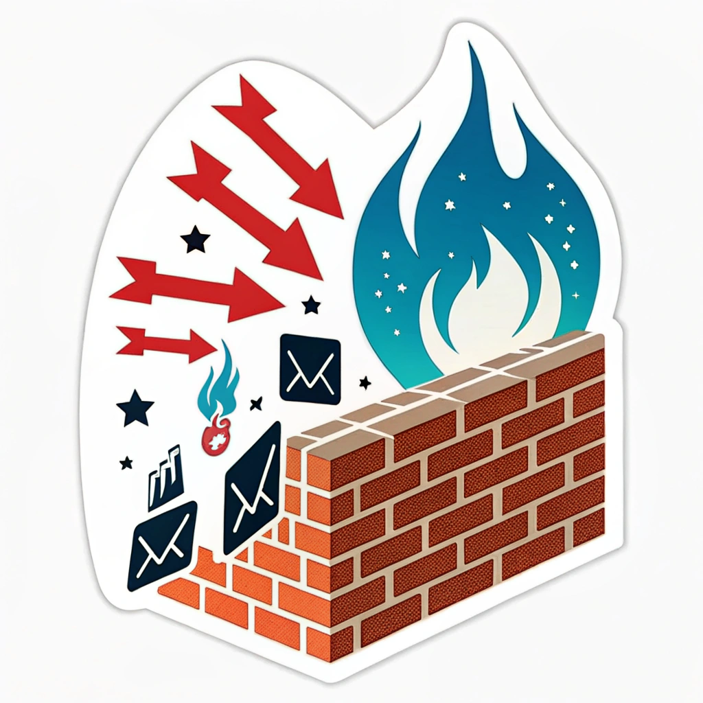 Design Idea 3: A brick wall with a blue or green digital fire effect burning along its top edge, signifying the 'firewall' aspect actively repelling incoming malevolent data packets represented as red arrows or sharp, dark shapes.