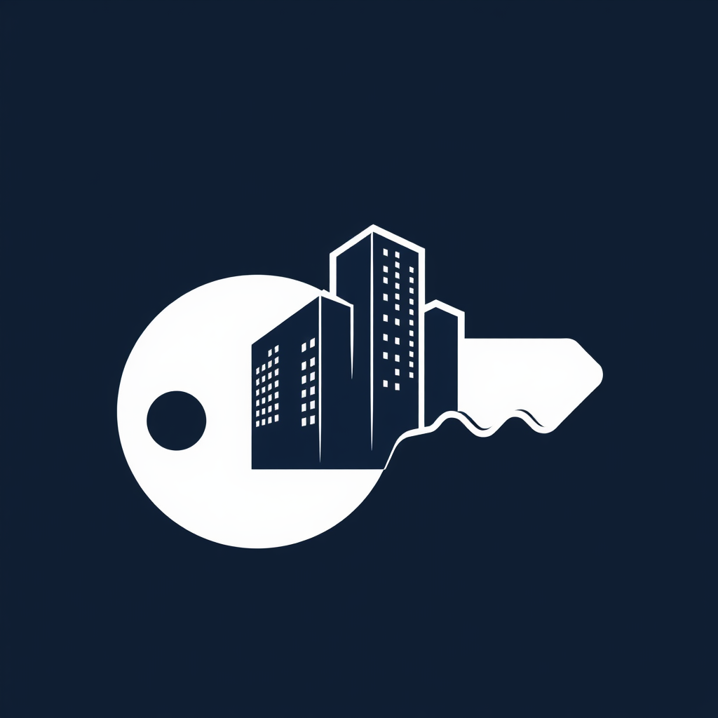 Sub-design idea 2 (Urban Key Outline): A stylized key where the bit (the part that enters the lock) is formed by a compact, multi-story urban building silhouette. This symbolizes access to 'Urban Blueprint' smart living solutions.