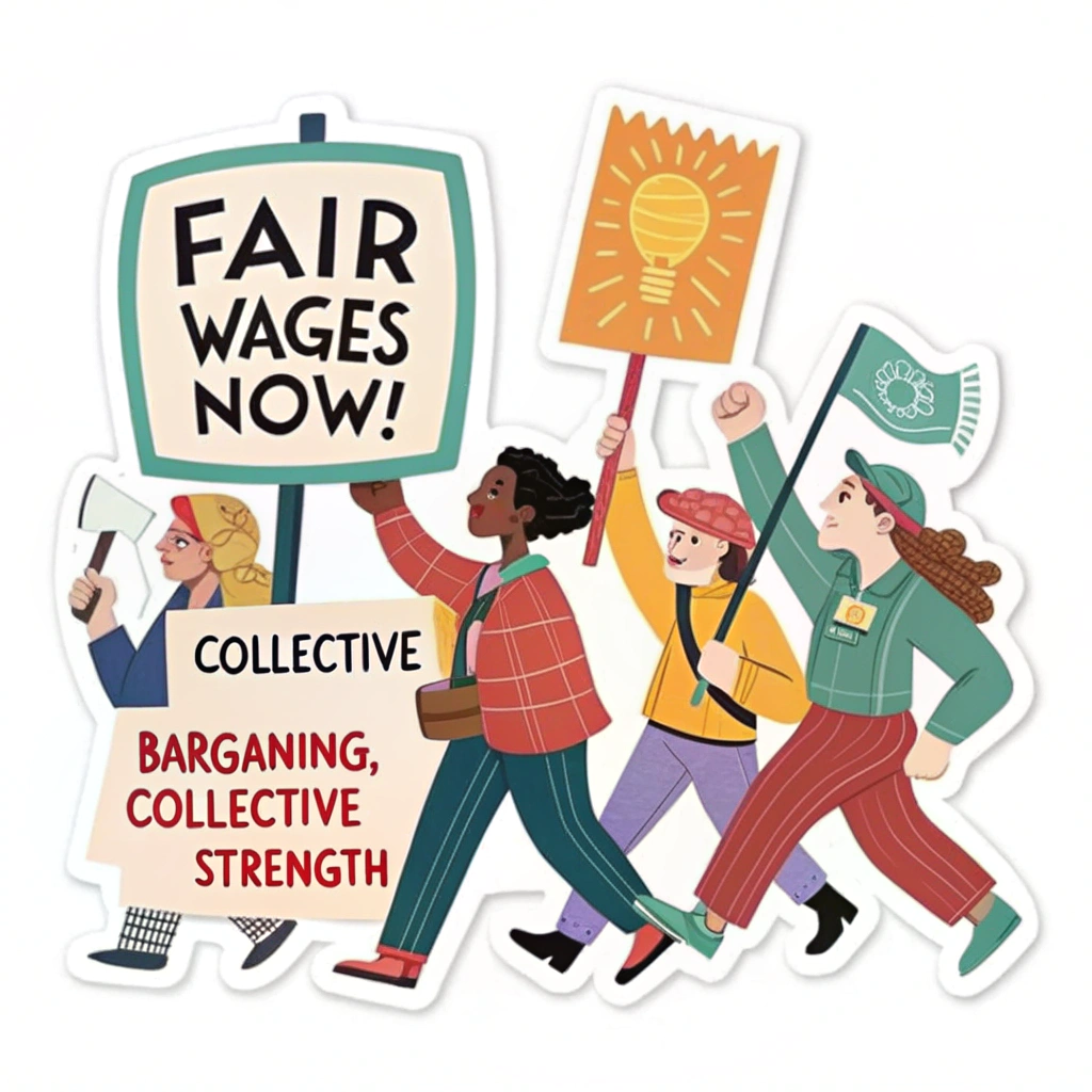 Sticker Design Idea 2: An illustration of diverse workers marching together, holding placards with messages like 'FAIR WAGES NOW!' and a central banner reading 'COLLECTIVE BARGAINING, COLLECTIVE STRENGTH'.