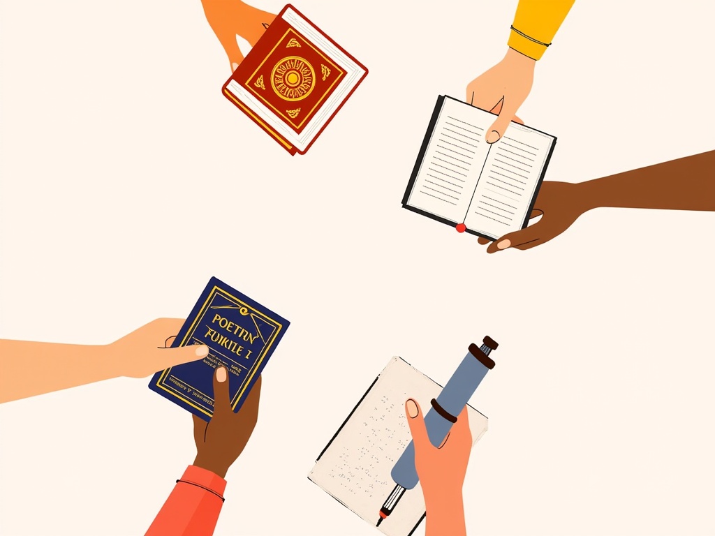 An illustration featuring diverse hands holding different forms of poetry – a classic hardcover book, a scroll, a digital tablet, a braille book – emphasizing accessibility.