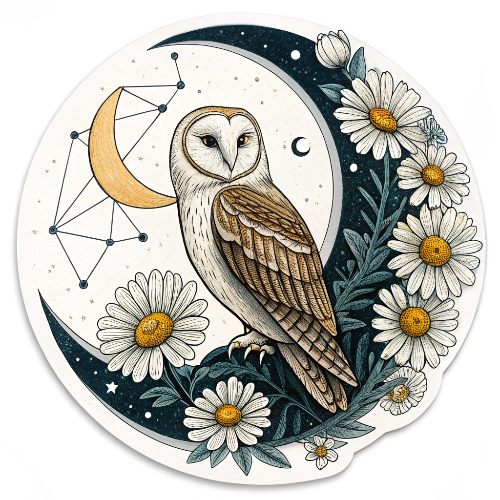 A sticker showing an elegant owl on a crescent moon where craters subtly form a daisy pattern. The background is a dark sky with constellations, some forming abstract musical or EDC symbols.