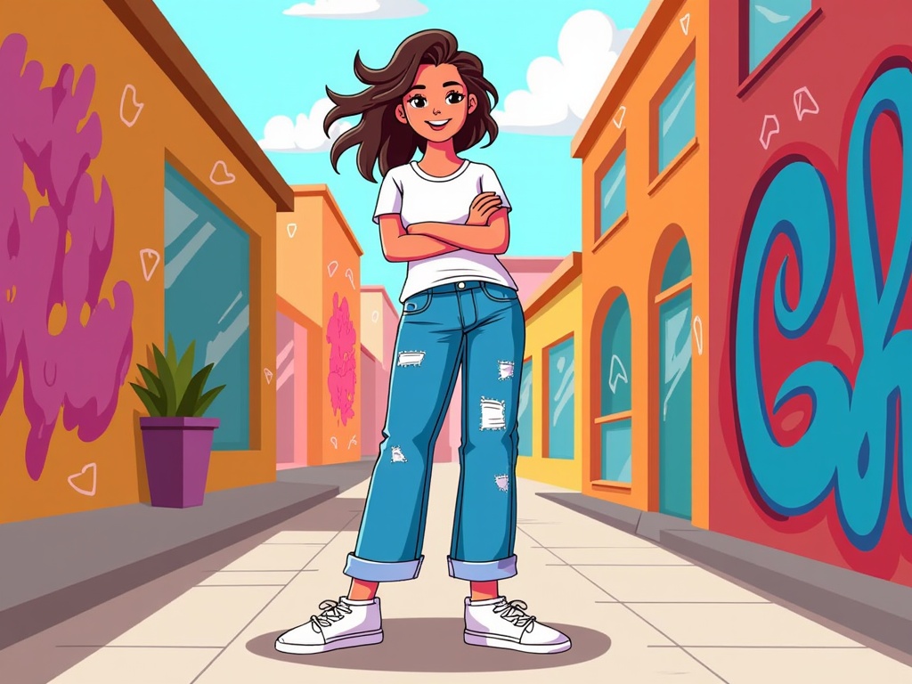  a young woman standing on a street with her arms crossed. She is wearing a white t-shirt, blue jeans, and white sneakers. Her hair is styled in loose waves and she has a big smile on her face. The street is lined with colorful buildings on both sides and there are potted plants on the left side. The sky is blue with white clouds. The overall style of the image is cartoon-like and playful.