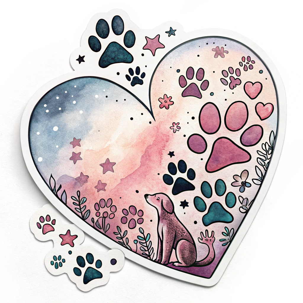 Heart-shaped animal sticker with paw prints