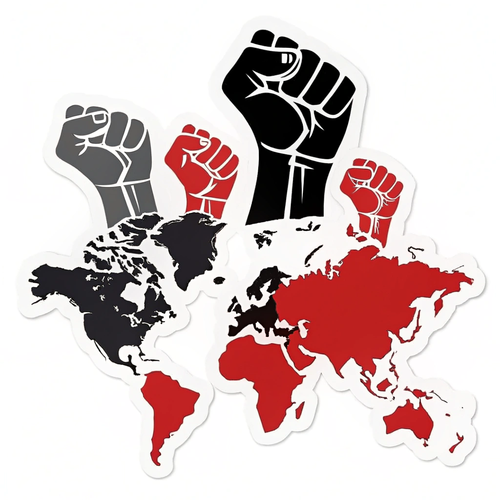 A world map featuring raised fists icons positioned over various countries, symbolizing global worker solidarity and protest. Uses a strong red and black color palette.
