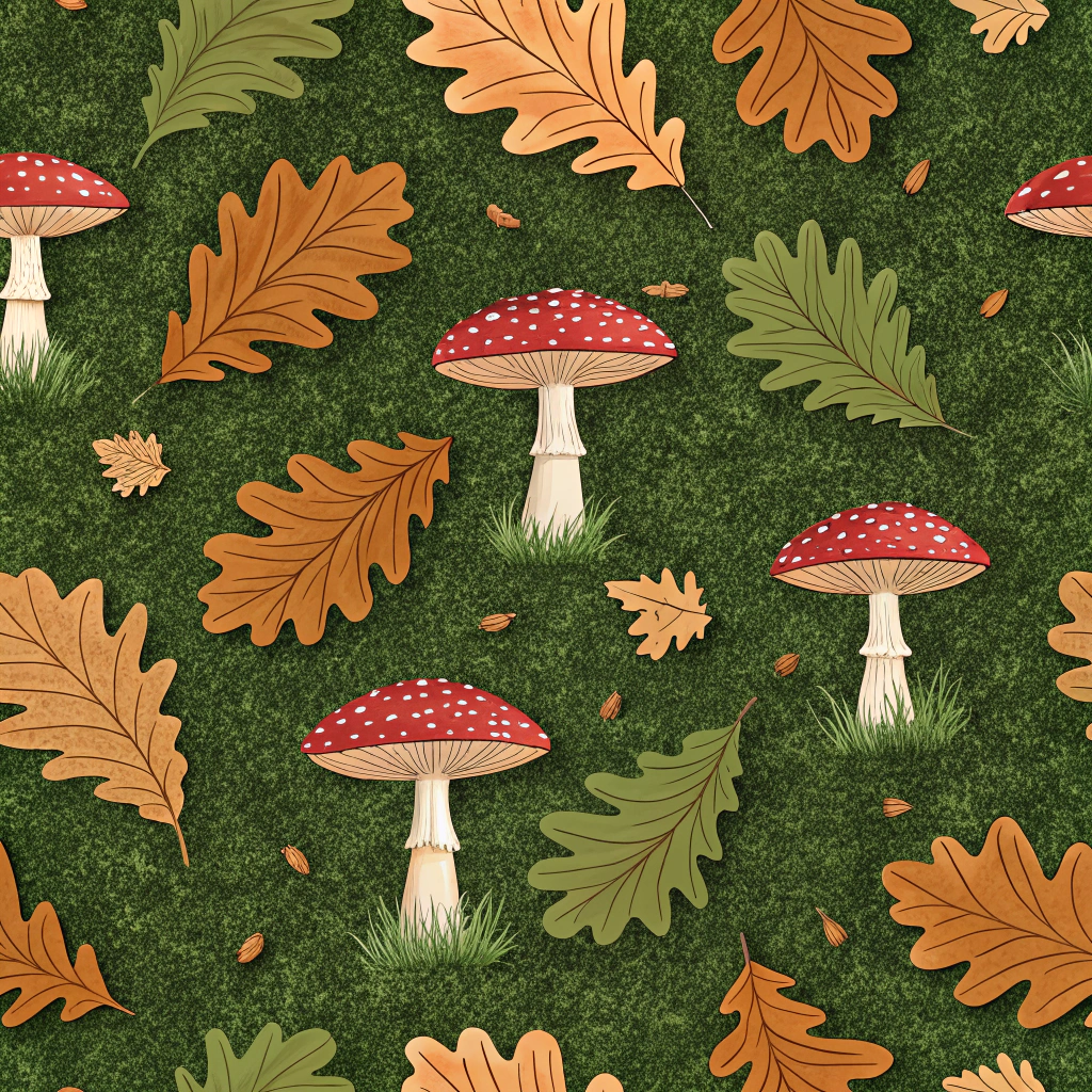 An enchanting scene of brown oak leaves scattered among tall, fairy ring mushrooms in a forest floor pattern.