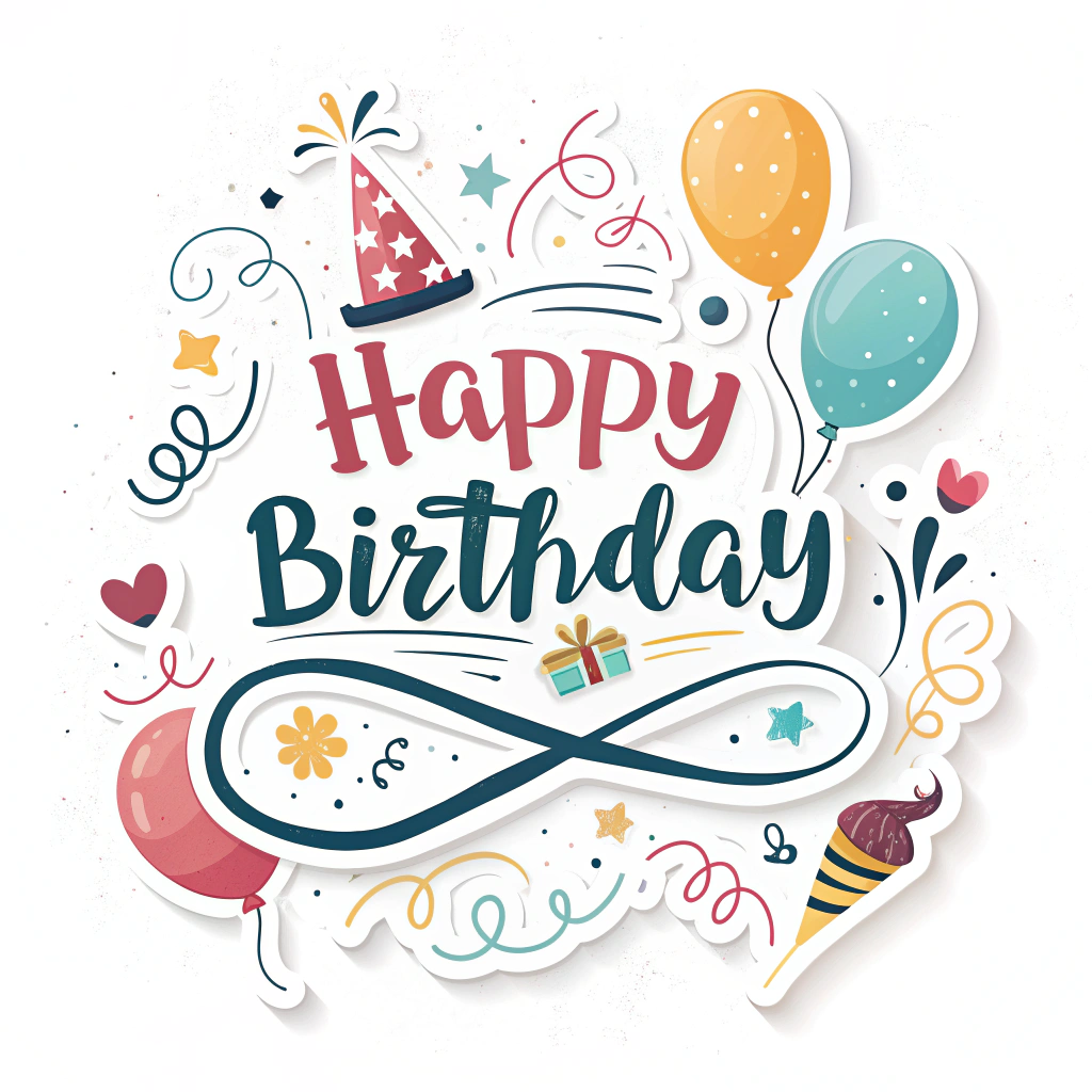 A sticker with 'Happy Birthday' text in a festive font, possibly with balloons or confetti.