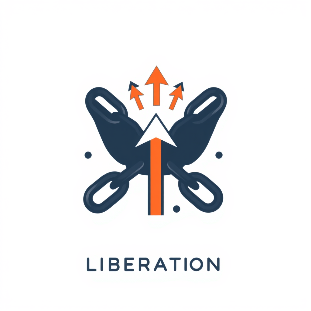 Abstract Liberation Symbol: A modern, abstract representation of chain links deconstructing or transforming into symbols of freedom (e.g., birds, upward arrows). Utilize a minimalist style with a symbolic color palette. Text is clean and secondary to the visual.