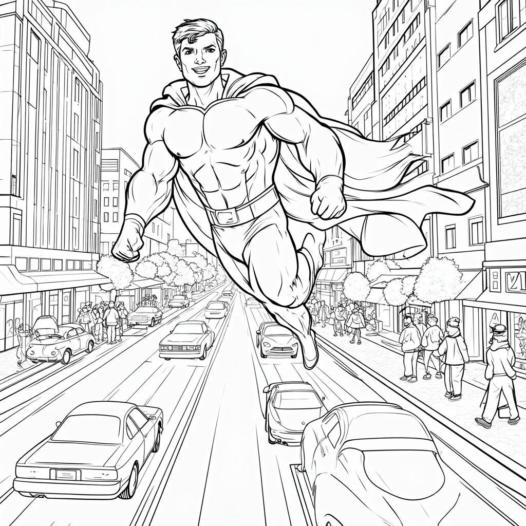 A superhero soaring above a bustling city street, with detailed cars, buildings, and citizens to color.