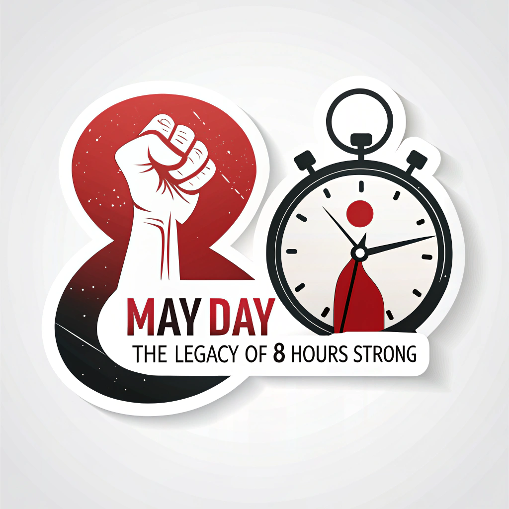 Symbolic Clock & Fist: A sticker featuring a clock where the '8' is prominently highlighted, with a subtle but strong fist motif either within the clock face or beside it. Colors could be traditional red and black. Text: 'May Day: The Legacy of 8 Hours Strong.'